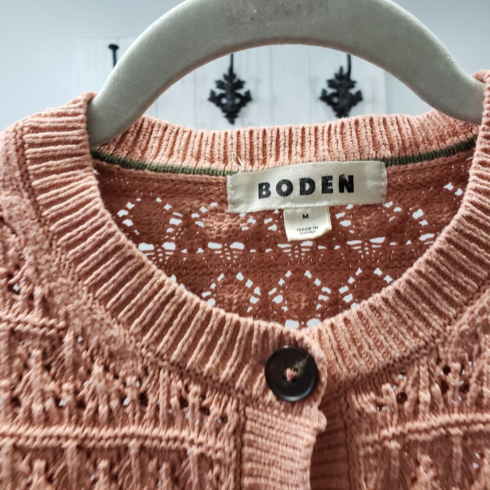 Boden Peach Pointelle Cropped Cardigan Cottagecore Sweater Medium - Picture 3 of 5